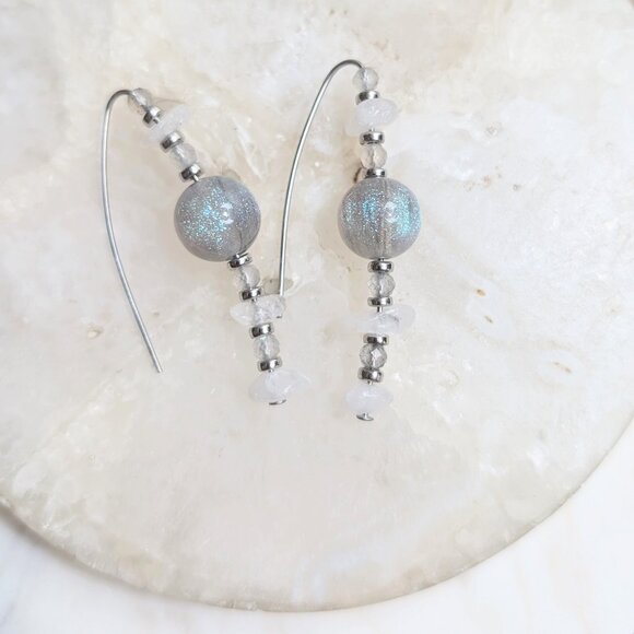 Shimmer Resin and Quartz with Labradorite Steel Drop Hook Earrings - Picture 2 of 7